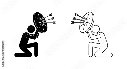 A vector graphic illustration of two stick figures holding shields with arrows in a defensive stance