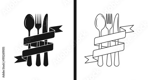 A minimalist vector graphic illustration of cutlery with ribbons in black and white