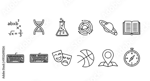 A set of educational icons including science, math, and literature symbols