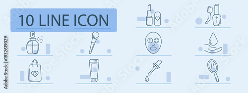 Beauty set icon. Perfume, brush, lipstick, polish, mask, serum, mirror, bag, skincare, cosmetic, makeup, salon, fashion, care, glamour, style