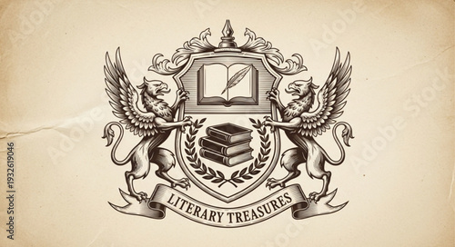 Literary Treasures Emblem - A Detailed Heraldic Illustration.