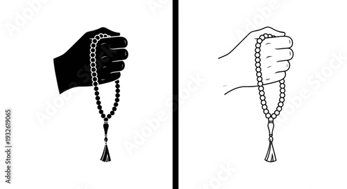 A minimalist vector graphic illustration of two hands holding a rosary in black and white