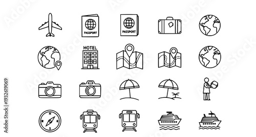 A set of minimalist travel icons in a flat line art style