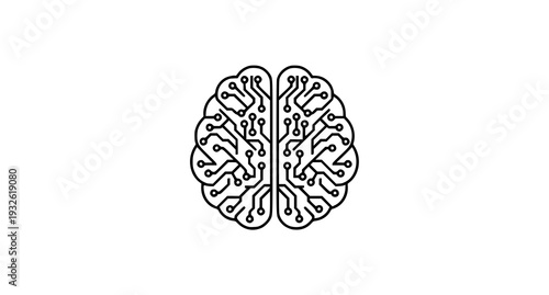 A minimalist vector graphic illustration of a human brain with circuit board design