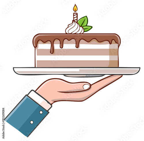 Hand serving a celebratory birthday cake with a lit candle on a platter delicious dessert illustration