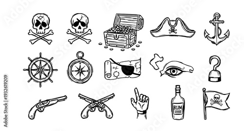 A collection of pirate-themed vector icons and illustrations