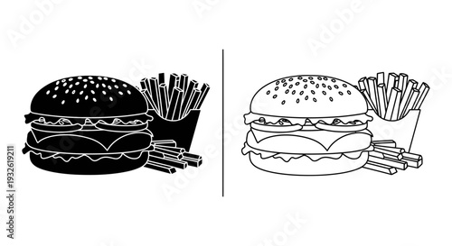 A minimalist vector graphic illustration of a hamburger and fries in black and white