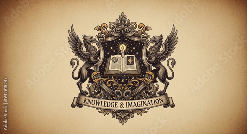 Intricate heraldic crest featuring mythical creatures and ornate details, vintage design.