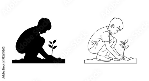 A vector graphic illustration of a child planting a sapling in a flat minimal design style