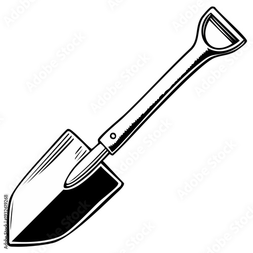 Black and white illustration of a garden shovel