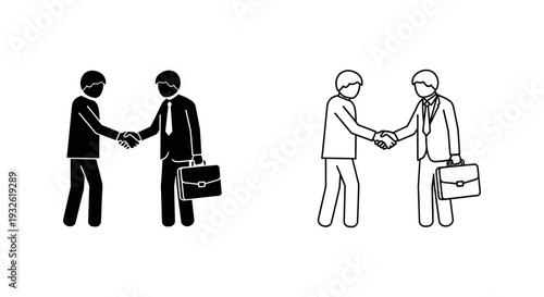 A vector graphic illustration of two pairs of businessmen shaking hands in a flat minimal design style