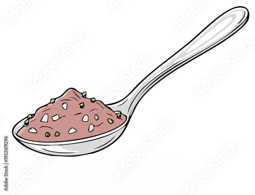 Illustrative silver spoon with granular mixture, textured powder and colorful particles