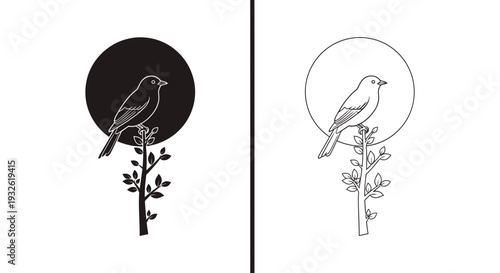 A minimalist vector graphic illustration of a bird perched on a branch with a circular design