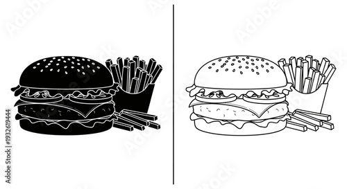 A vector graphic illustration of a black and white hamburger with fries