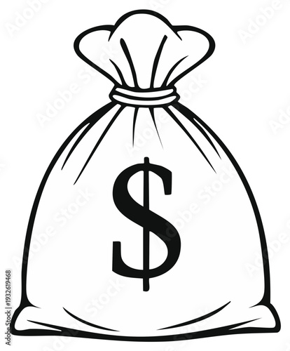 Money Bag Illustration, Black Outline of a Full Sack with Dollar Sign, Financial Concept