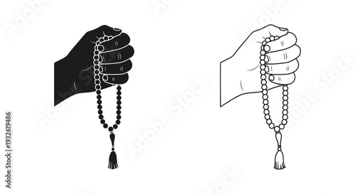 A minimalist vector graphic illustration of two hands holding prayer beads in black and white