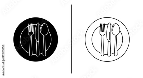 A minimalist vector graphic illustration of cutlery on plates in black and white