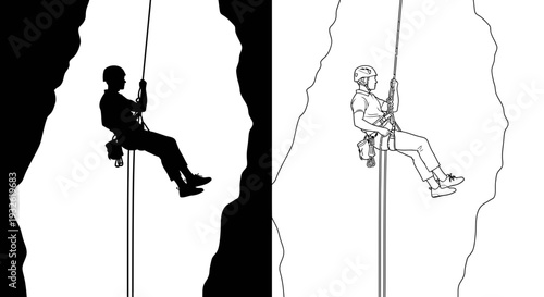 A vector graphic illustration of two rock climbers in silhouette and line art styles