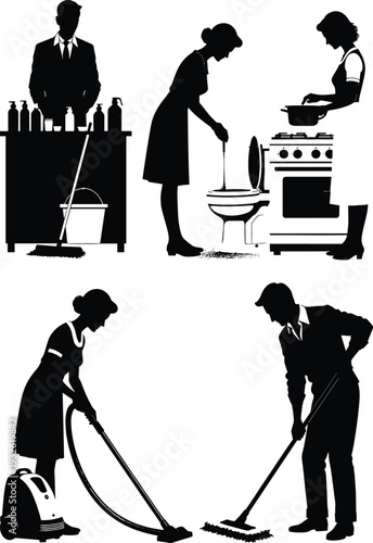 Black silhouette illustration of vintage domestic workers cleaning house, maid scrubbing toilet, cooking at stove, vacuuming and mopping floor, retro household chores concept