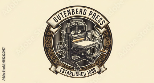 Vintage Gutenberg Press Illustration Depicting Printing Machine and Established Date.