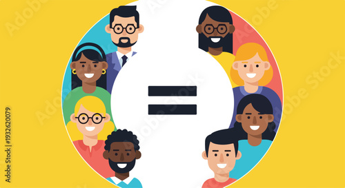 Illustration of diverse people forming an equality symbol on a vibrant yellow background for Zero Discrimination Day