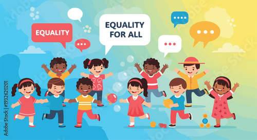 Diverse children celebrating Zero Discrimination Day with equality speech bubbles around them in a colorful illustration
