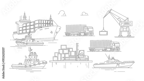 Maritime Logistics Illustration: A detailed illustration showcasing diverse vessels engaged in maritime logistics and cargo handling. The scene portrays containers, trucks, crane, and other elements.