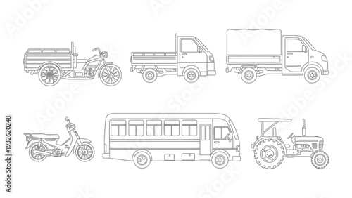 Vehicular Variety in Monochrome: A detailed monochrome illustration showcases a diverse collection of vehicles, including a motorcycle, a pick-up truck, a van, a bus and a tractor.