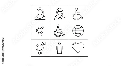A minimalist line art illustration of nine diverse icons representing Zero Discrimination Day on a clean white background with a simple grid layout
