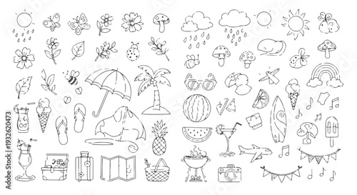 Summer and Spring Vacation Doodles Set, Hand Drawn Beach Travel Elements, Tropical Nature, Food, and Holiday Icons Vector Illustration