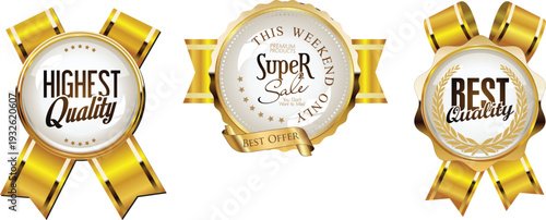 Three gold ribbons with quality and excellence labels
