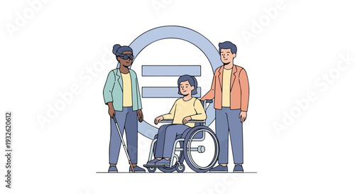 Illustration of diverse people standing and sitting in a wheelchair with equality symbol on Zero Discrimination Day, promoting inclusivity and accessibility with a colorful and optimistic