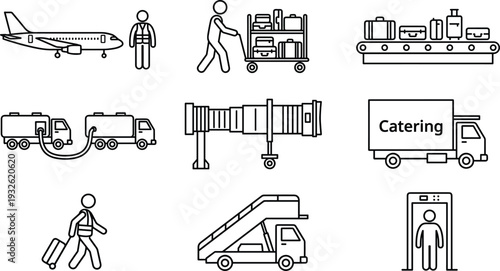 Airport ground handling and aviation service icon collection featuring aircraft support, baggage handling, catering trucks and passenger transport operations