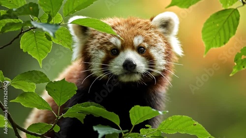 Adorable Red Panda Peeking Out Through Lush Green Leaves in a Forest Habitat