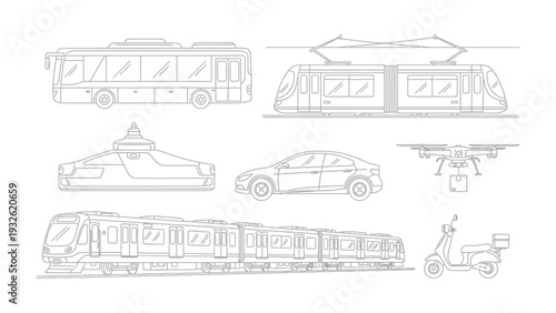 Urban Transit Symphony: A streamlined composition of contemporary transit, showcasing a bus, tram, car, drone, metro, and scooter, each a unique testament to modern transport.