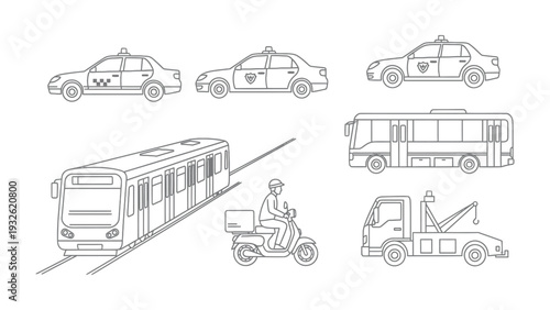 Transportation Icons: A collection of various transportation modes in line art style, providing versatility for design and concept illustrations. 