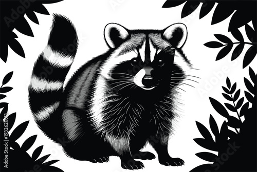 Raccoon illustration in black and white with detailed fur texture, forest wildlife animal framed by leaves, bold vintage engraving style artwork