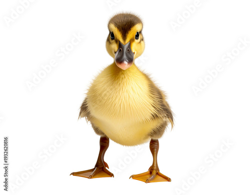 Angry duckling with yellow fluffy plumage and orange webbed feet standing upright