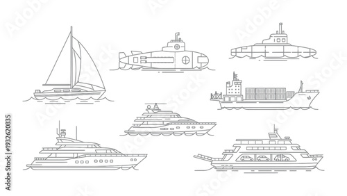Seagoing Vessels: A collection of various maritime vessels, each designed for a different purpose, floats serenely across the water, providing transport. 