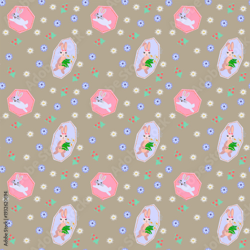 Adorable kids seamless pattern hand-stitched applique patches with cute lying blue bunny and pink bunny