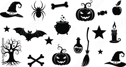 Halloween silhouette collection featuring witch hat bubbling cauldron magic potion bottle broomstick spooky tree spider bat candle and carved pumpkin icons for holiday design