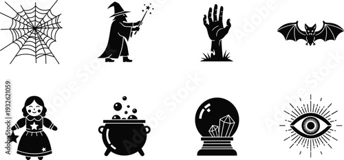 Halloween silhouette collection featuring magic crystal ball bubbling cauldron wizard with wand all seeing eye spooky doll and zombie hand rising for holiday design