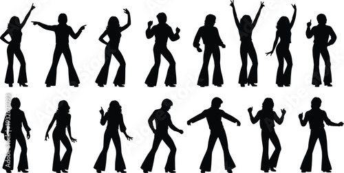Retro Disco Dancer Silhouette Vector Set Featuring Men and Women in 1970s Flare Pants Poses Isolated Black Party Icons for Nightlife and Celebration Design
