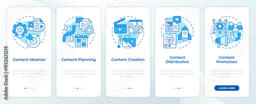 Content lifecycle process blue onboarding mobile app screen. Walkthrough 5 steps editable graphic instructions with linear concepts. UI, UX, GUI. Montserrat SemiBold, Regular fonts used