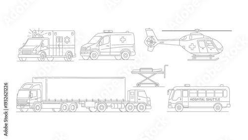 Emergency Vehicles Collection: A comprehensive set of emergency service vehicles, including ambulance, medical helicopter, transport truck, patient stretcher and hospital shuttle.