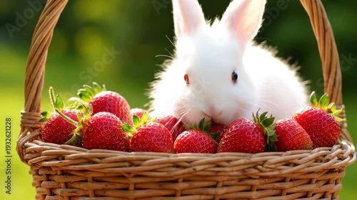 Adorable white rabbit peeking from a rustic wicker basket filled with ripe strawberries outdoors in a sunny garden setting.
