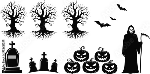 Halloween silhouette collection with grim reaper graveyard tombstones spooky trees jack o lantern pumpkins and bats isolated on white background for dark holiday design