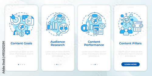 Content strategy blueprint blue onboarding mobile app screen. Walkthrough 4 steps editable graphic instructions with linear concepts. UI, UX, GUI. Montserrat SemiBold, Regular fonts used
