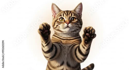 Fototapeta Tabby cat with amber eyes standing on hind legs feline