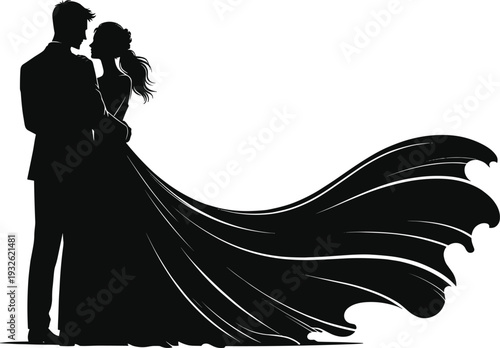 Romantic bride and groom silhouette embracing with flowing wedding dress train isolated on white background, elegant couple love concept for marriage and celebration design.